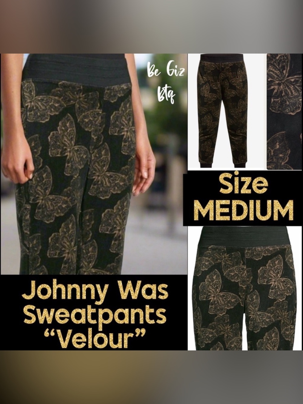 🔥🔥 NWT Johnny Was Zuri Modern Velour Sweatpants Black & Butterflies Size MEDIUM